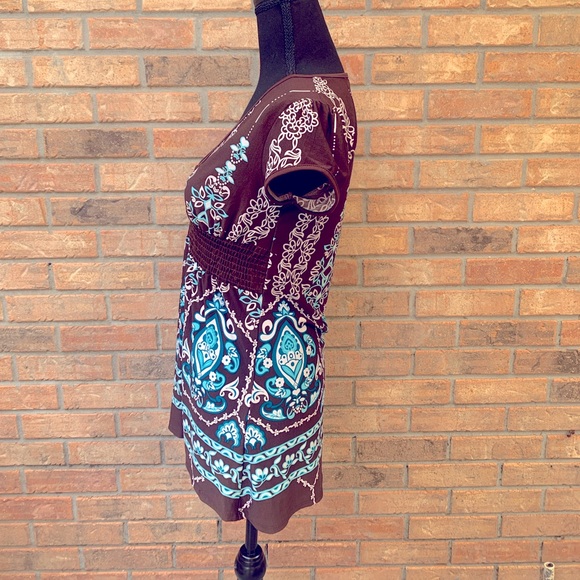 Judy Knapp Brown/Turquoise Blouse (M) with Elastic Bodice and Capped Sleeves - Picture 5 of 6